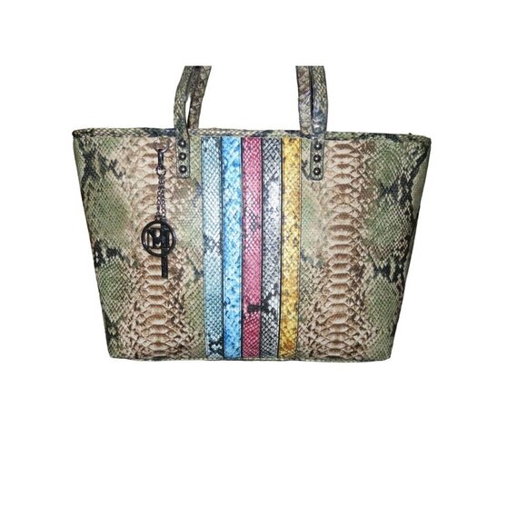 Badgley Mischka Colorful Snakeskin Embossed Vegan Leather Double Handle Tote - Picture 1 of 12